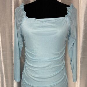 Wulful Ruched Ruffle Dress Jrs 13-14 Lt Blue Sheer Sleeve Lined Square Neck